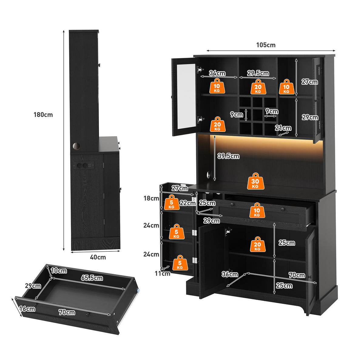 BUFFET mit Glastüren 105/40/180 cm in Schwarz – mit Schublade & großer Arbeitsfläche - Schwarz, Holzwerkstoff (105/180/40cm) - BEAOK