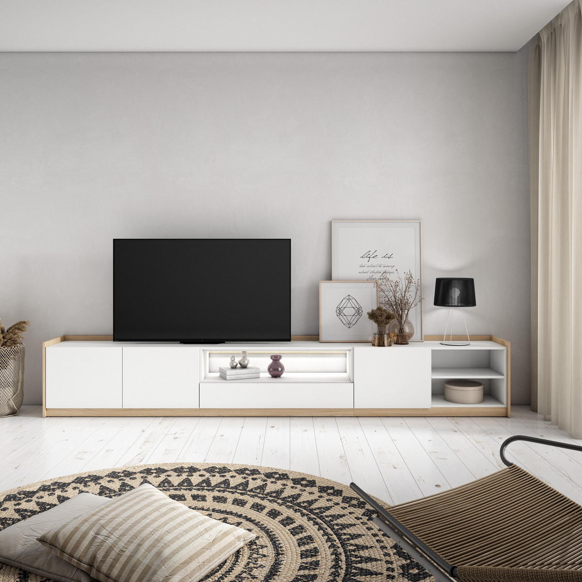 LOWBOARD, Weiß und Eiche, 310/37/50cm, mit Led - Weiß, Holzwerkstoff (310/50/37cm) - Skraut Home