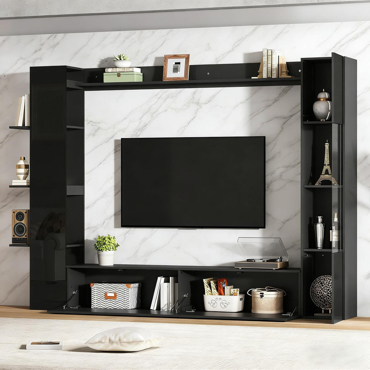 WOHNWAND in Schwarz Wohnzimmer-set mit Vitrine und TV-Schrank für das Wohnzimmer - Schwarz, Holzwerkstoff (245/170/30cm) - STILVORA