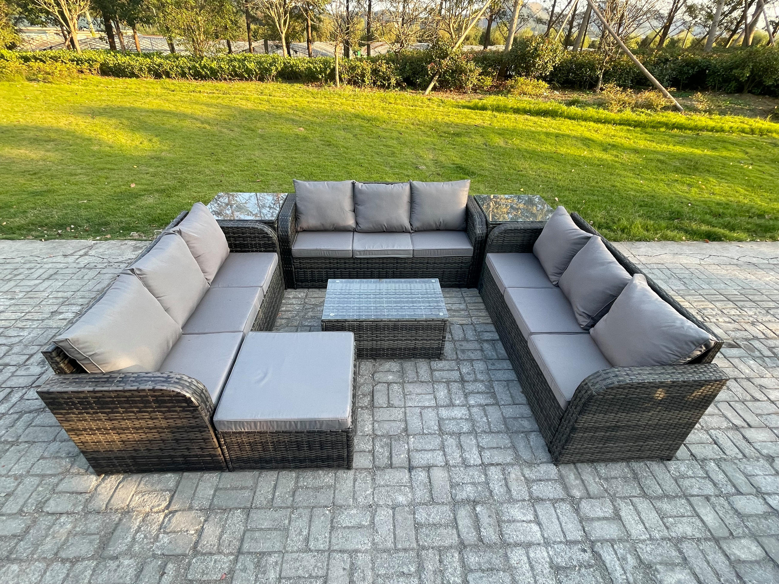 GARTENMÖBELGARNITUR mit KISSEN Polyrattan Dunkelgrau 10-Sitzer - Dunkelgrau/Grau, Glas/Kunststoff - Fimous