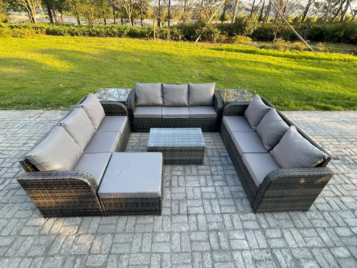GARTENMÖBELGARNITUR mit KISSEN Polyrattan Dunkelgrau 10-Sitzer - Dunkelgrau/Grau, Glas/Kunststoff - Fimous