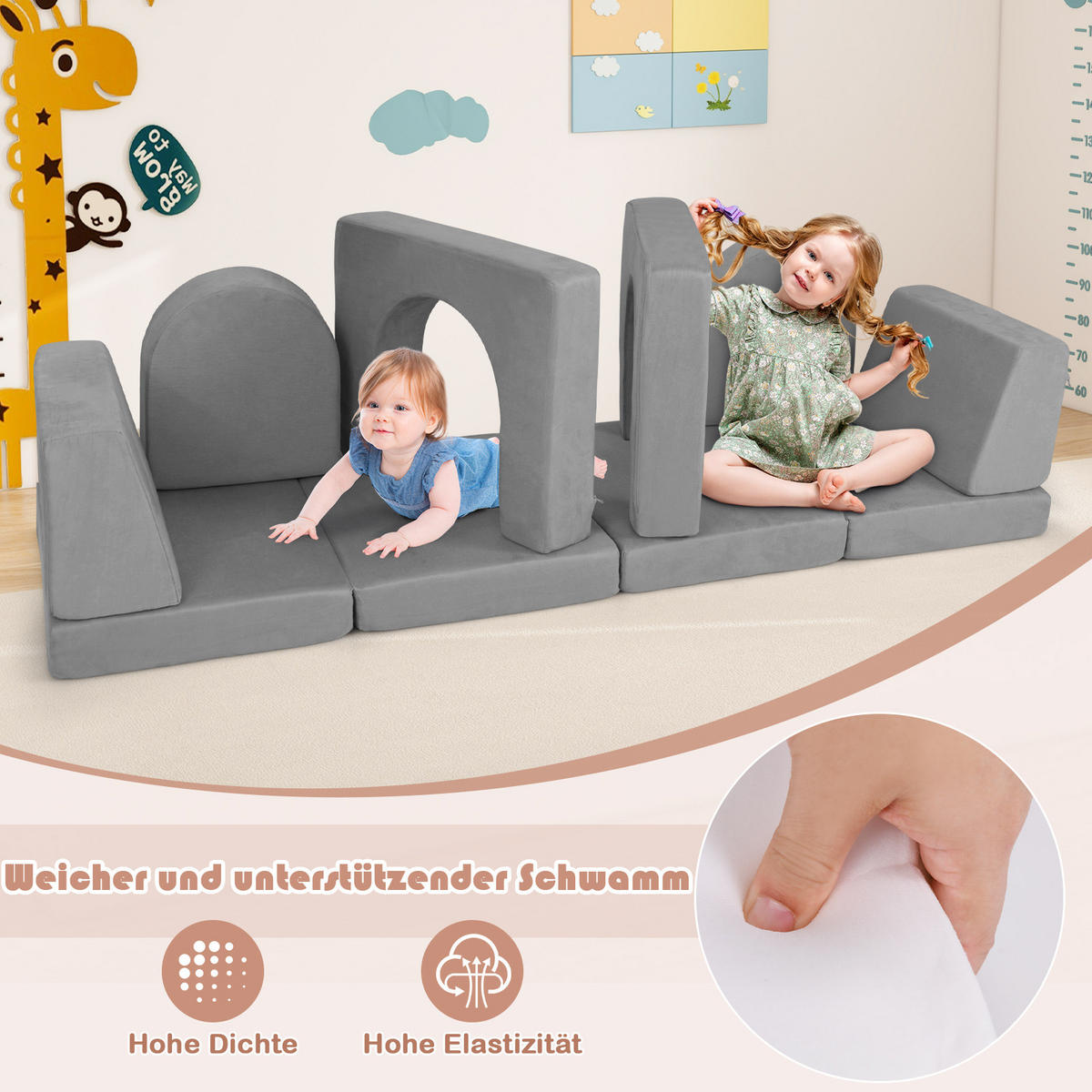 KINDERSOFA 60cm Grau - Grau, Textil (72/60/142cm) - COSTWAY