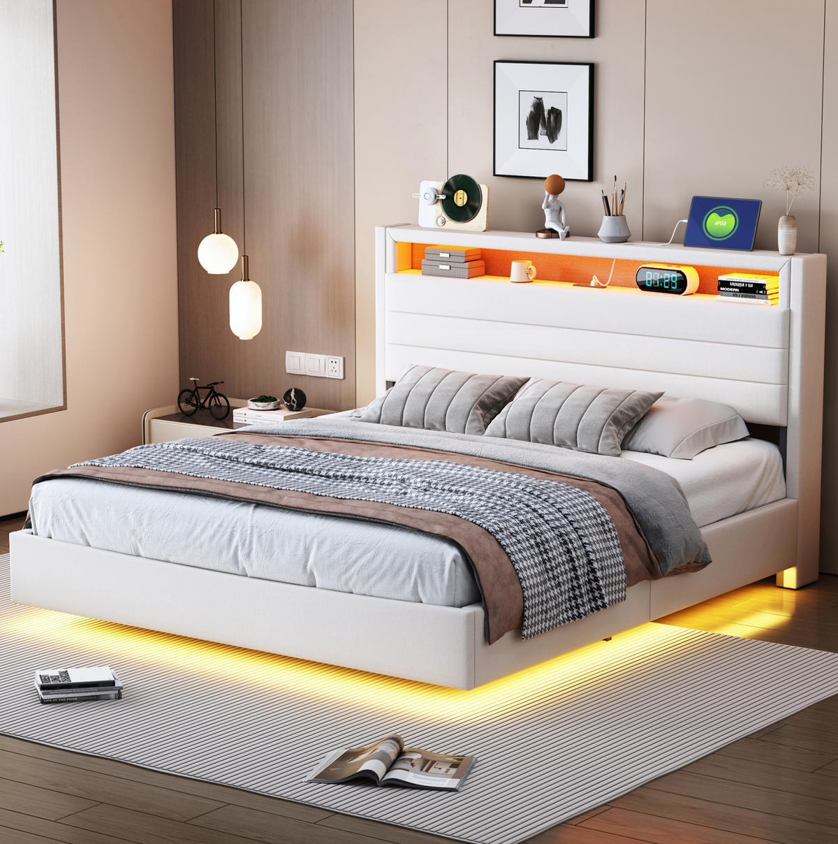 POLSTERBETT 140/200 cm mit LED-Beleuchtung, USB-Anschluss, drehbarem Kopfteil und Bettkasten, Beige - Beige, Textil (140/200cm) - Redom
