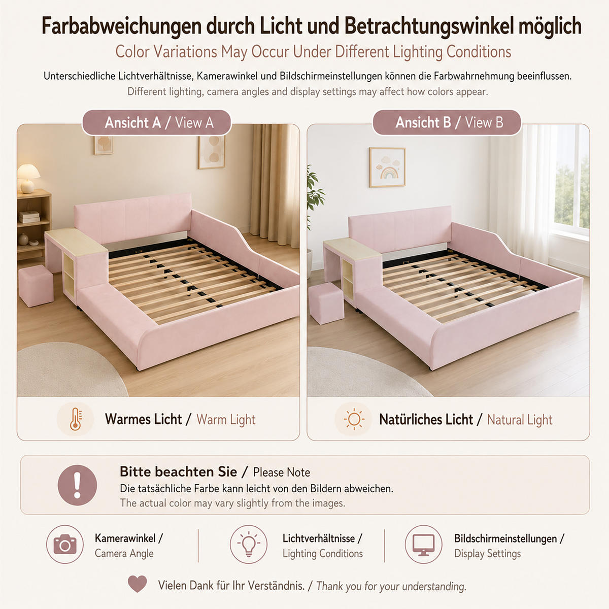 POLSTERBETT 140/200 cm in Pink mit Schreibtisch, Hocker und Ablageboden aus Samt - Kinderzimmer mit Stil - Rosa, Holzwerkstoff/Textil (140/200cm) - STILVORA
