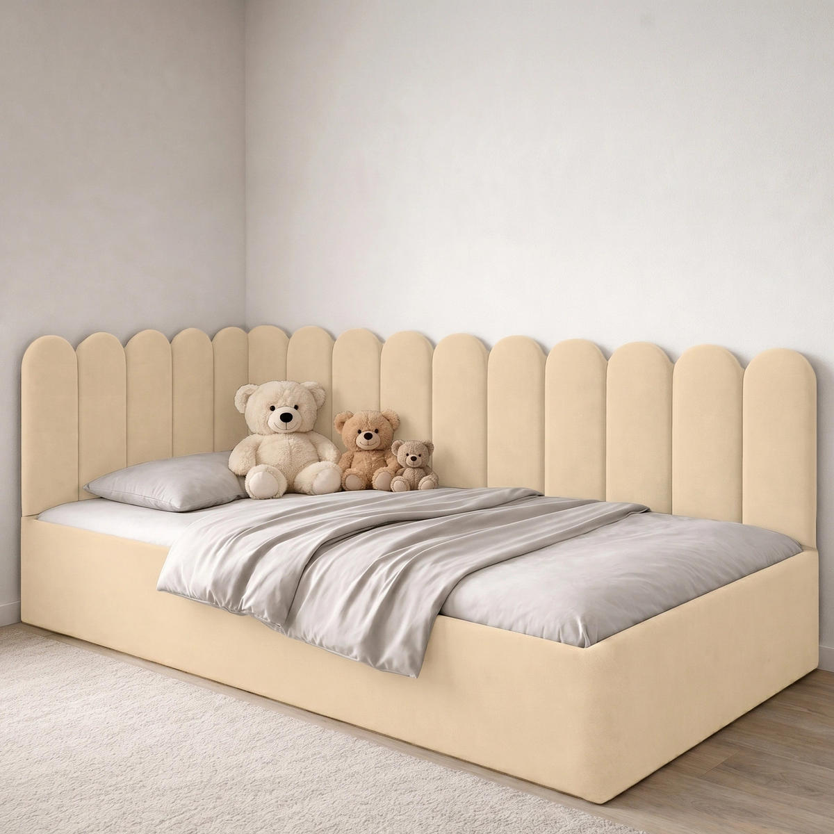 JUGENDBETT Junior Creme Samtvelours mit Wandpaneelen - 120x200 cm - Bettkasten - Creme, Holzwerkstoff/Textil (120/200cm) - Ravio