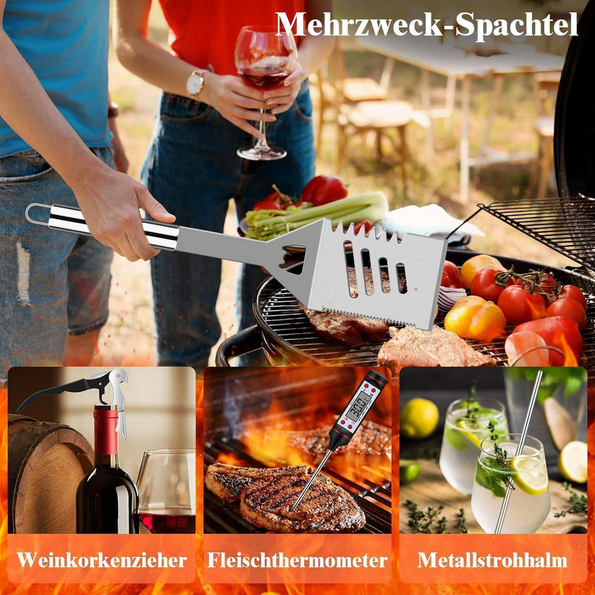 GRILLBESTECK Set 38-teilig Edelstahl mit Koffer und Grillmatte - Silberfarben, Metall (39cm)