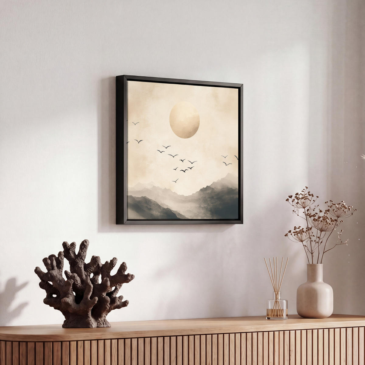 LEINWAND Bilder mit Rahmen - Landschaft - Japandi - Vogel - 20x20 - Beige, Textil (20/20cm) - MuchoWow