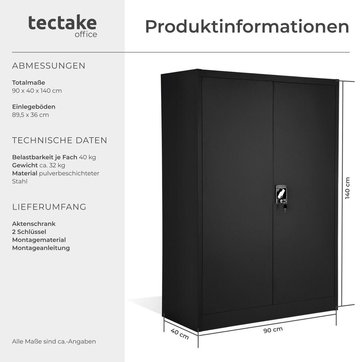 AKTENSCHRANK ,140 x 90 x 40 cm,schwarz - Schwarz, Metall (90/140/40cm) - tectake
