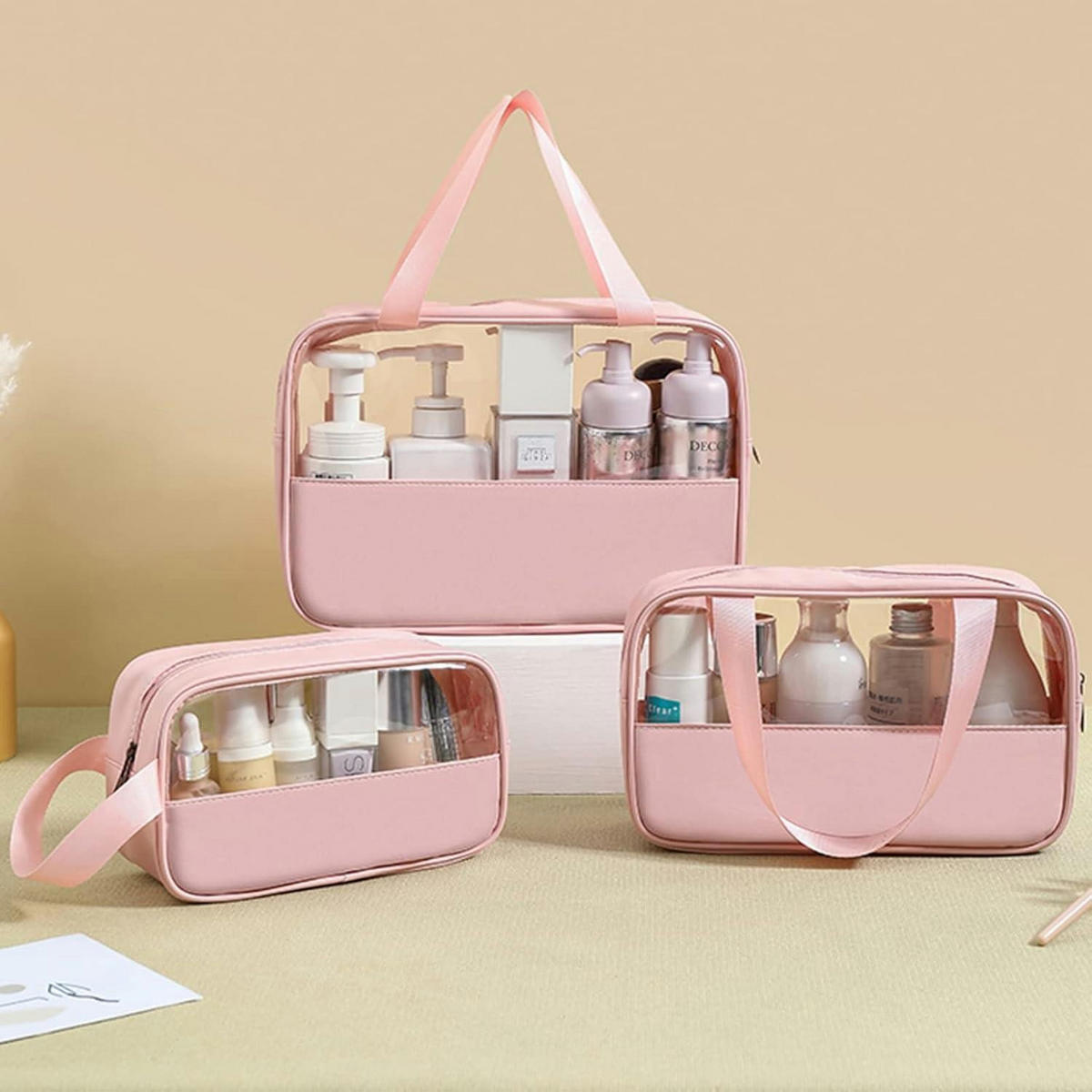 KULTURBEUTEL Set Transparent 3 Stück Rosa - Rosa, Kunststoff (10/21/26cm)