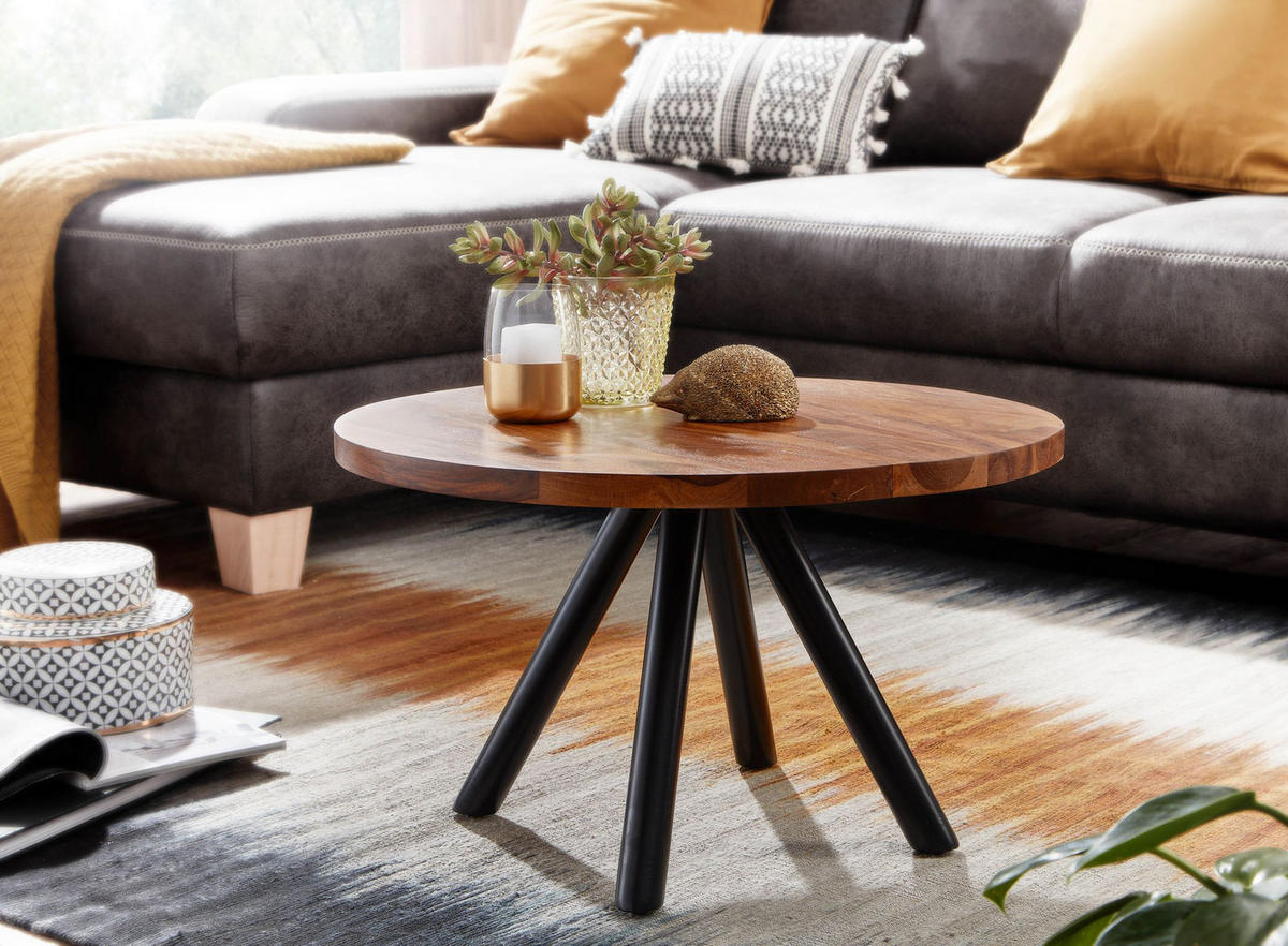 COUCHTISCH rund aus Massivholz und Metall, Handgefertigt - Schwarz/Braun, Holz/Metall (60/60/35cm) - KADIMA DESIGN