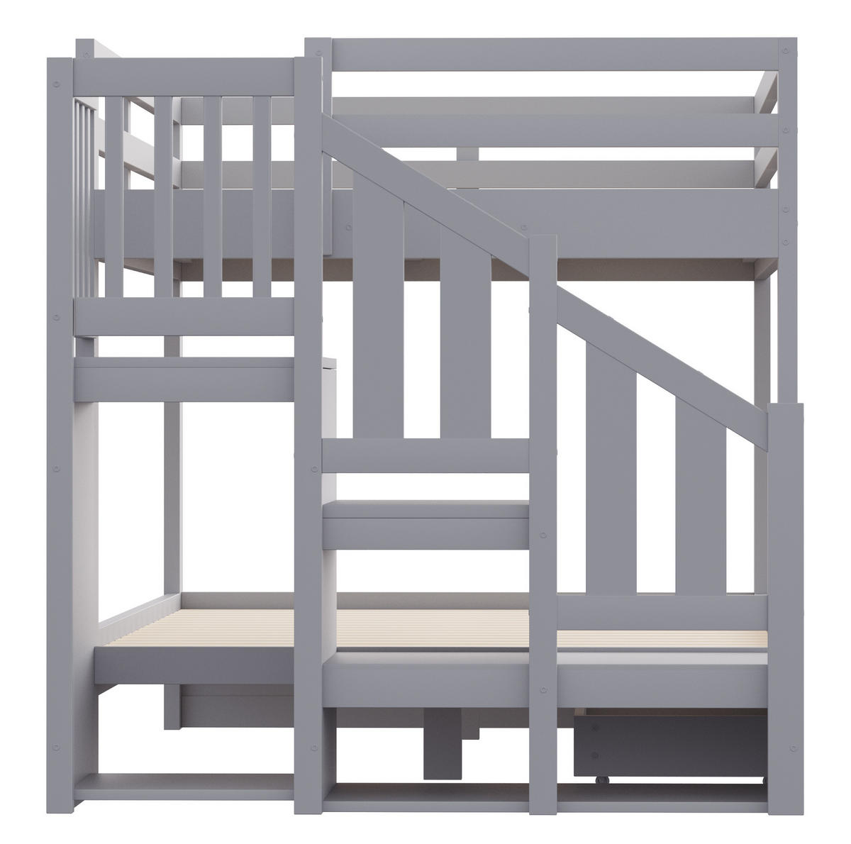 ETAGENBETT aus Kiefernholz 140x200 cm Grau mit Stauraumtreppe und 2 Schubladen - Grau, Holz (140/200cm) - Modfu