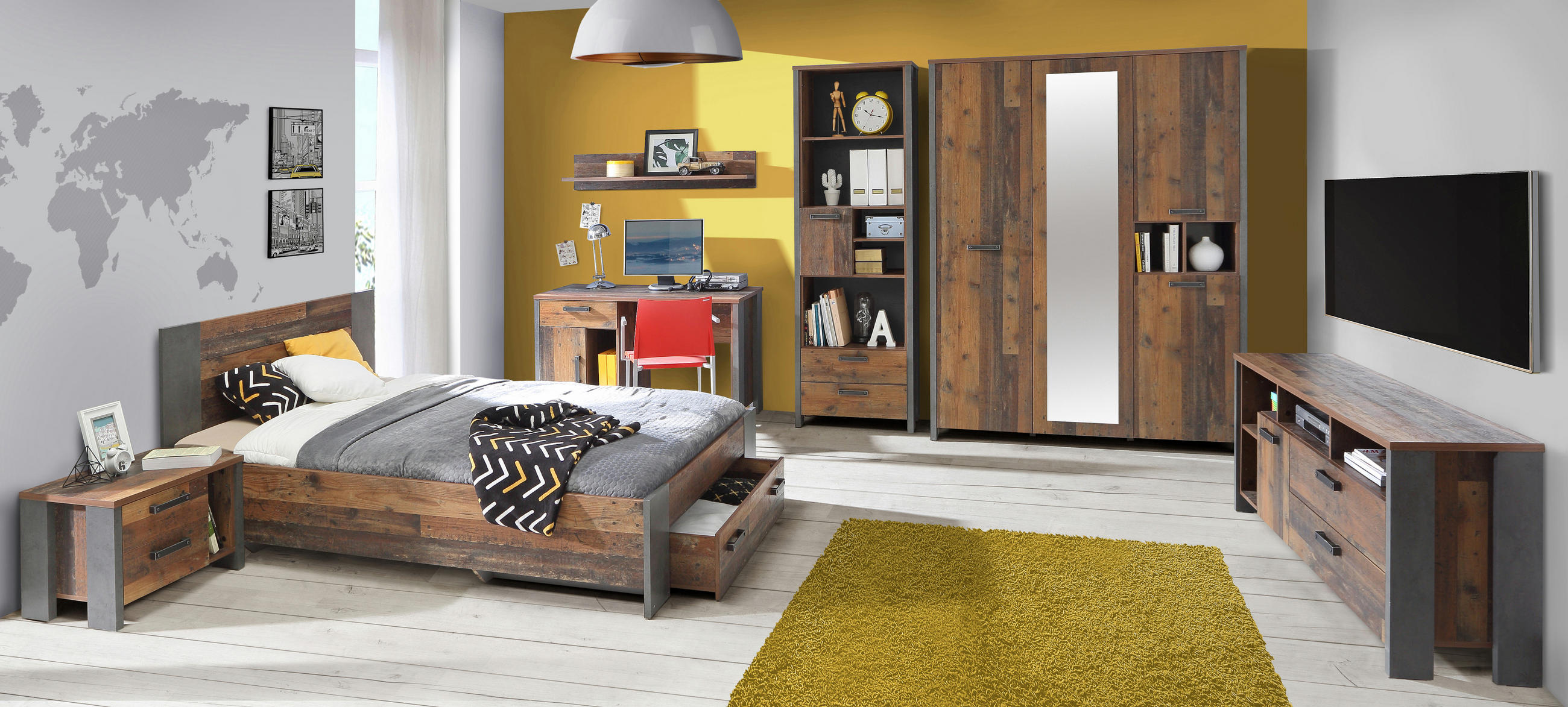 JUGENDZIMMER Clif in Dunkelgrau und Old- Wood Vintage 8 teilig - Braun, Holzwerkstoff (120/200/80cm)