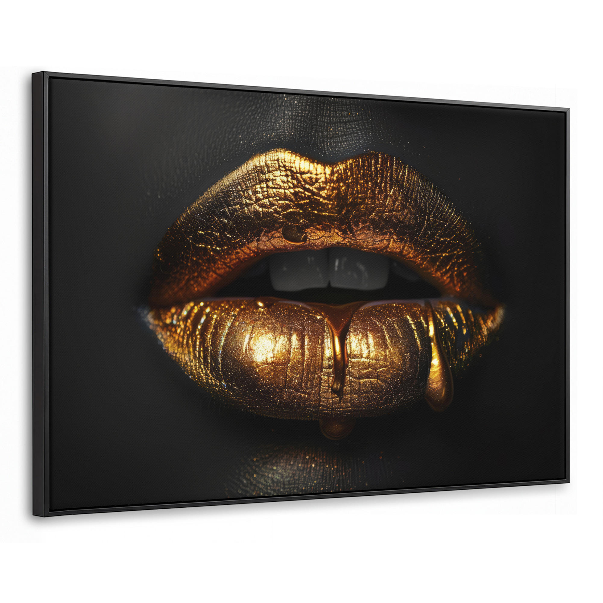 LEINWAND Bilder mit Rahmen - Frau - Porträt - Lippen - Gold - Schwarz - 90x60 - Schwarz, Textil (90/60cm) - MuchoWow