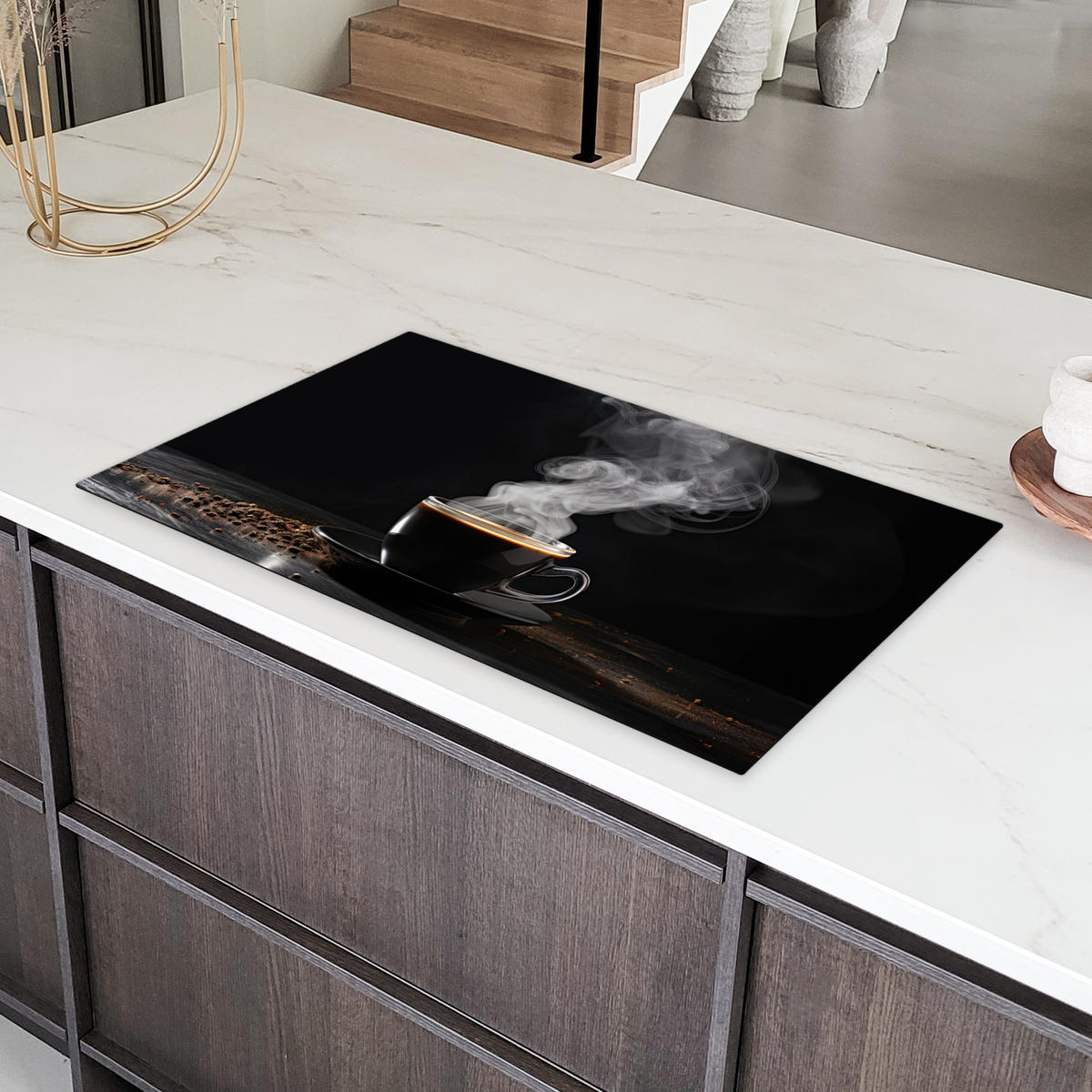 HERDABDECKPLATTE Kaffee - Schwarz - Bohnen - Heiß - Tasse Induktionsschutz 91.6x52.7 cm - Schwarz, Kunststoff (91.6/52.7/0.2cm) - MuchoWow
