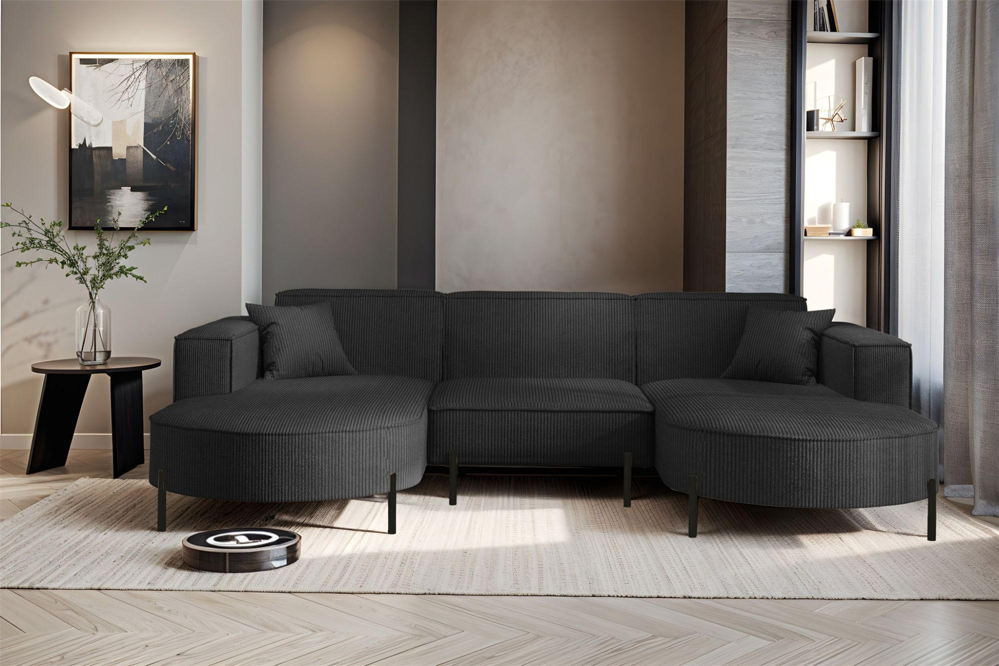 WOHNLANDSCHAFT Valencia - Anthrazit, Holzwerkstoff/Textil (299/80/165cm) - Fun Möbel
