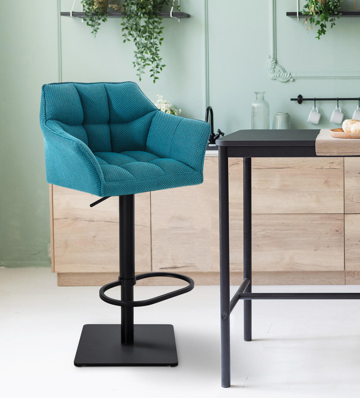 BARHOCKER 2er Set Damaskus Stoff schwarz türkis - Türkis/Blau, Textil/Metall (64/110/48cm) - TPFLiving