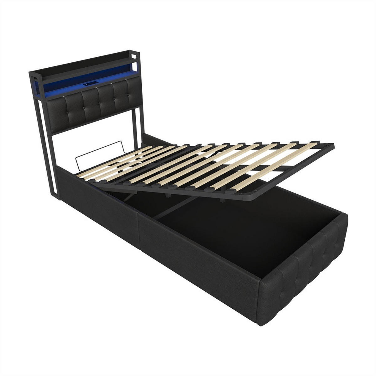 POLSTERBETT 90x200 cm mit hydraulischem Stauraum - Ladestation & LED-Beleuchtung - Gepolstertes Kopfteil - Schwarz - Schwarz, Textil (90/200cm) - DELFA