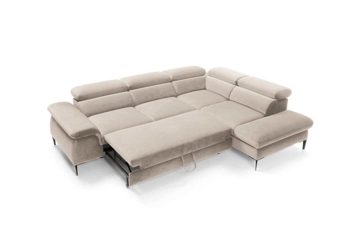 ECKSOFA MESTO Beige Velours-Stoff mit Schlaffunktion - Beige, Holz (280/214cm) - MASSENO