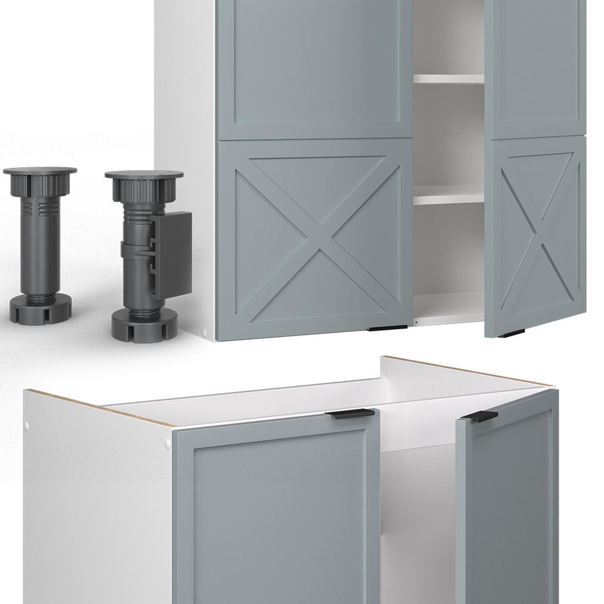 KÜCHENZEILE Fame-Line Hellblau-grau/Weiß 240 cm, AP Marmor - Blaugrau/Weiß, Holzwerkstoff (240/81.6/60cm) - Vicco