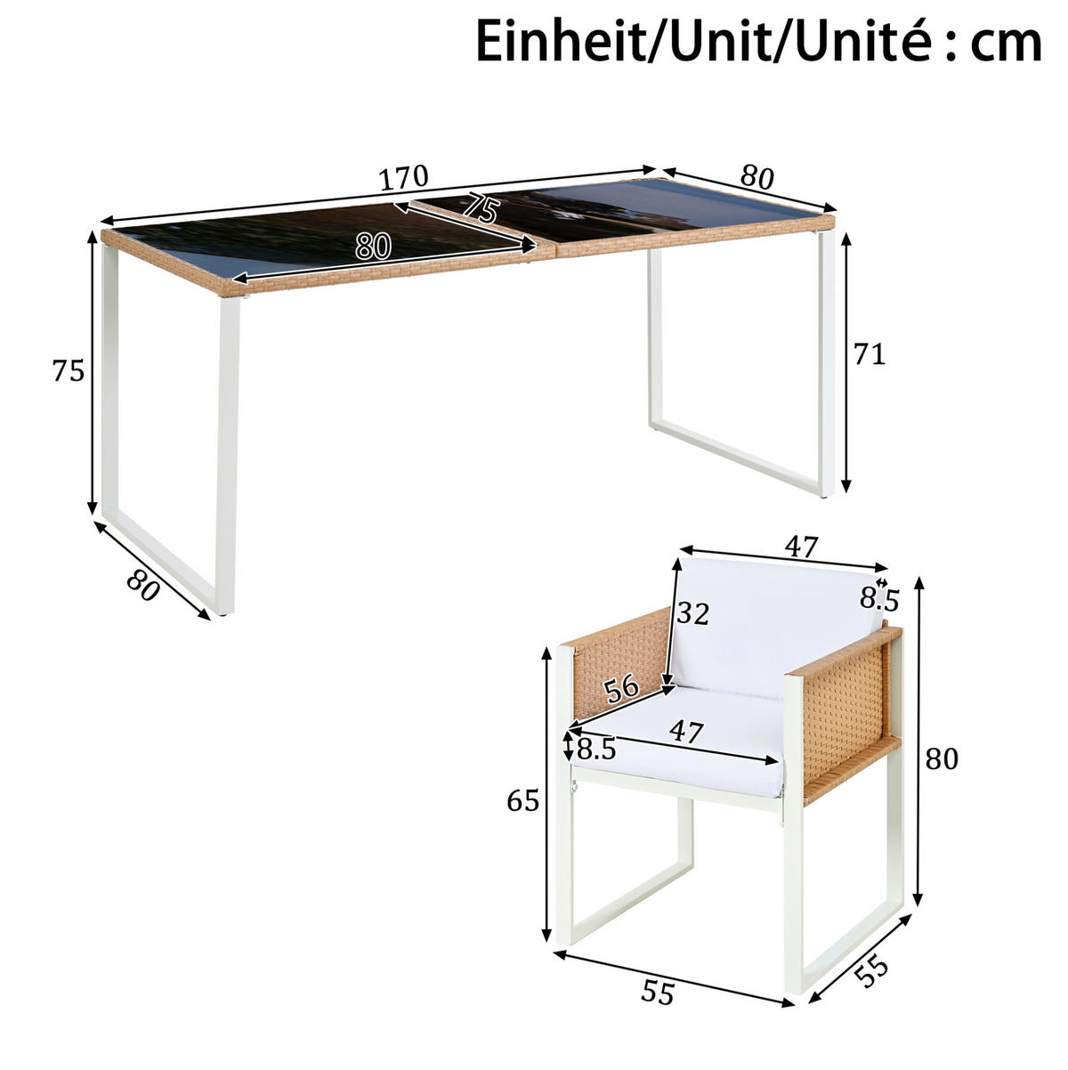 GARTEN-ESSGRUPPE 170/80/75 cm mit 6 Stühlen, gehärteter Glasplatte und abnehmbaren Bezügen, Braun/Weiß - Braun, Naturmaterialien - Redom