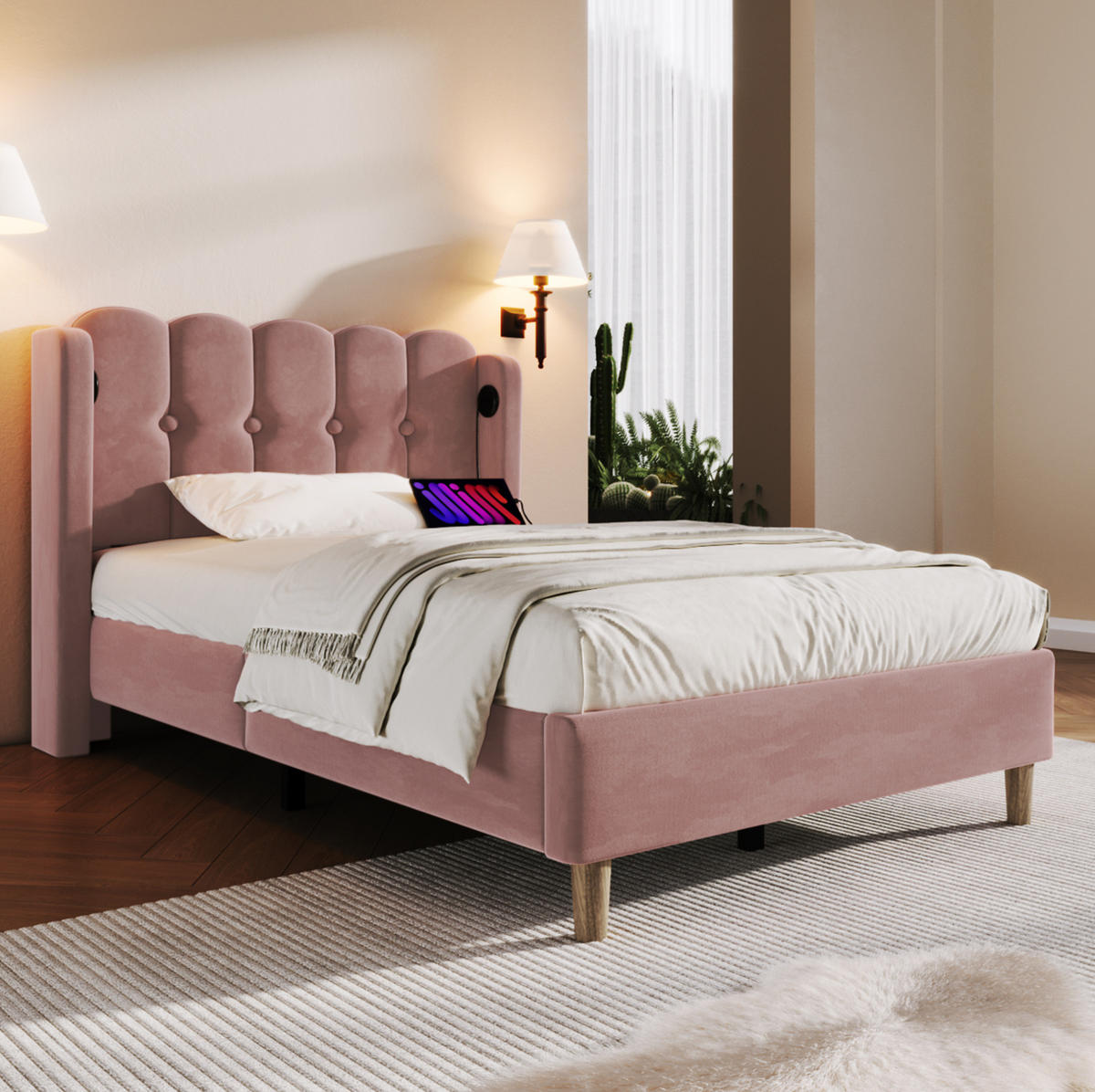 POLSTERBETT mit USB und Typ-C 90x200 cm Samt Rosa inklusive Matratze - Pink, Metall (90/200cm) - Meubliv