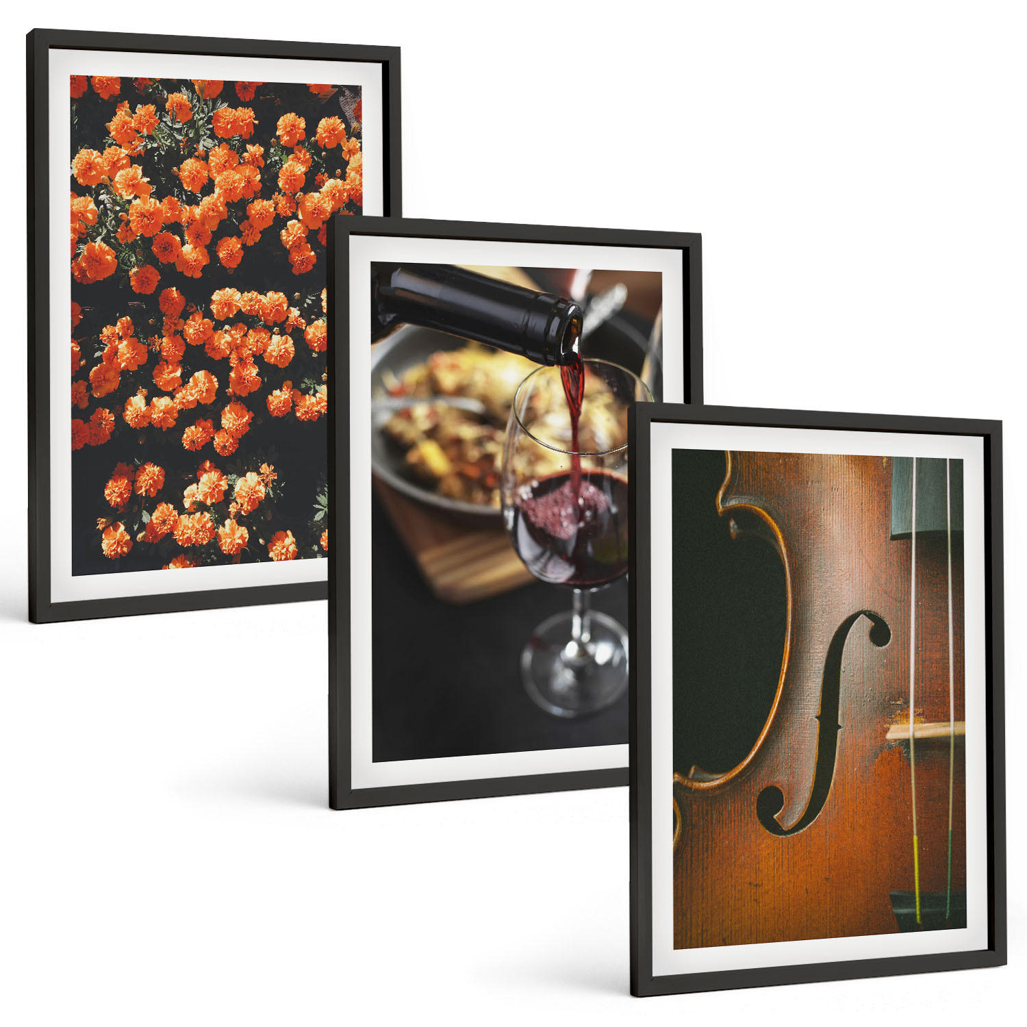 BILDER SET 3er Set - 40x60 cm Schwarzer Rahmen - Vintage Blumen Wein Geige - Schwarz, Kunststoff (40/60cm) - TULUP