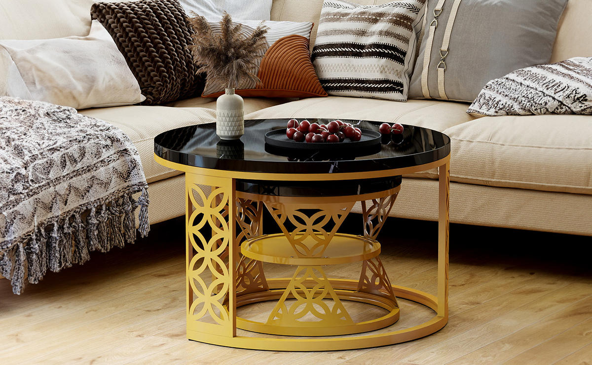 COUCHTISCH Beistelltisch-Set, Wohnzimmer-Beistelltisch-Set (2-teilig), schwarze Marmoroptik, goldener Metallrahmen - Goldfarben/Schwarz, Holzwerkstoff/Metall (70/70/45cm) - EVRYAE