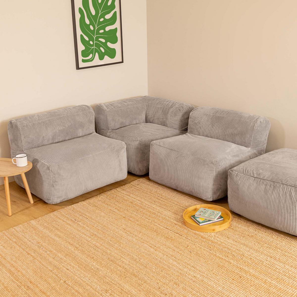 SITZSACK-SOFA 4-tlg. ZEN: Ecksessel, 2 Sessel, Fußstütze - Grau, Textil (385/68/100cm) - icon