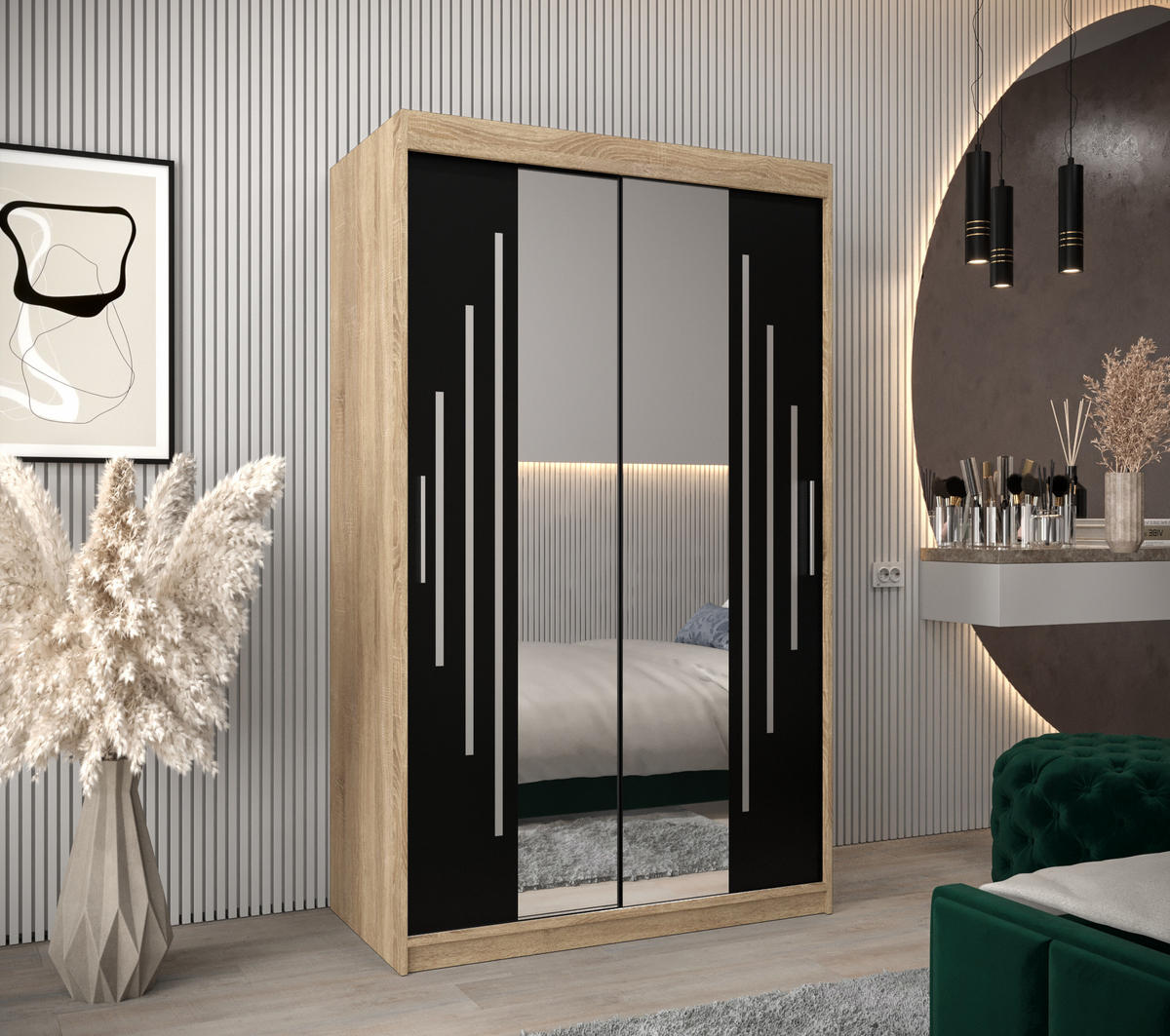 SCHWEBETÜRENSCHRANK 200/120/62 2-türig - Silberfarben/Schwarz, Holz/Kunststoff (120/200/62cm) - Abiks Möbel