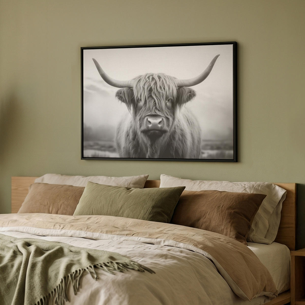 LEINWAND Bilder mit Rahmen - Schottischer Highlander - Nebel - Schwarz - Weiß - 80x60 - Grau, Textil (80/60cm) - MuchoWow