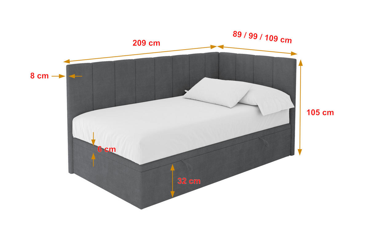 EINZELBETT Jugendbett mit Bettkasten Links, mit Matratze - LOVY 80x200 Dunkelgrau - Graphitfarben, Holzwerkstoff/Textil (80/200cm) - ALTDECOR