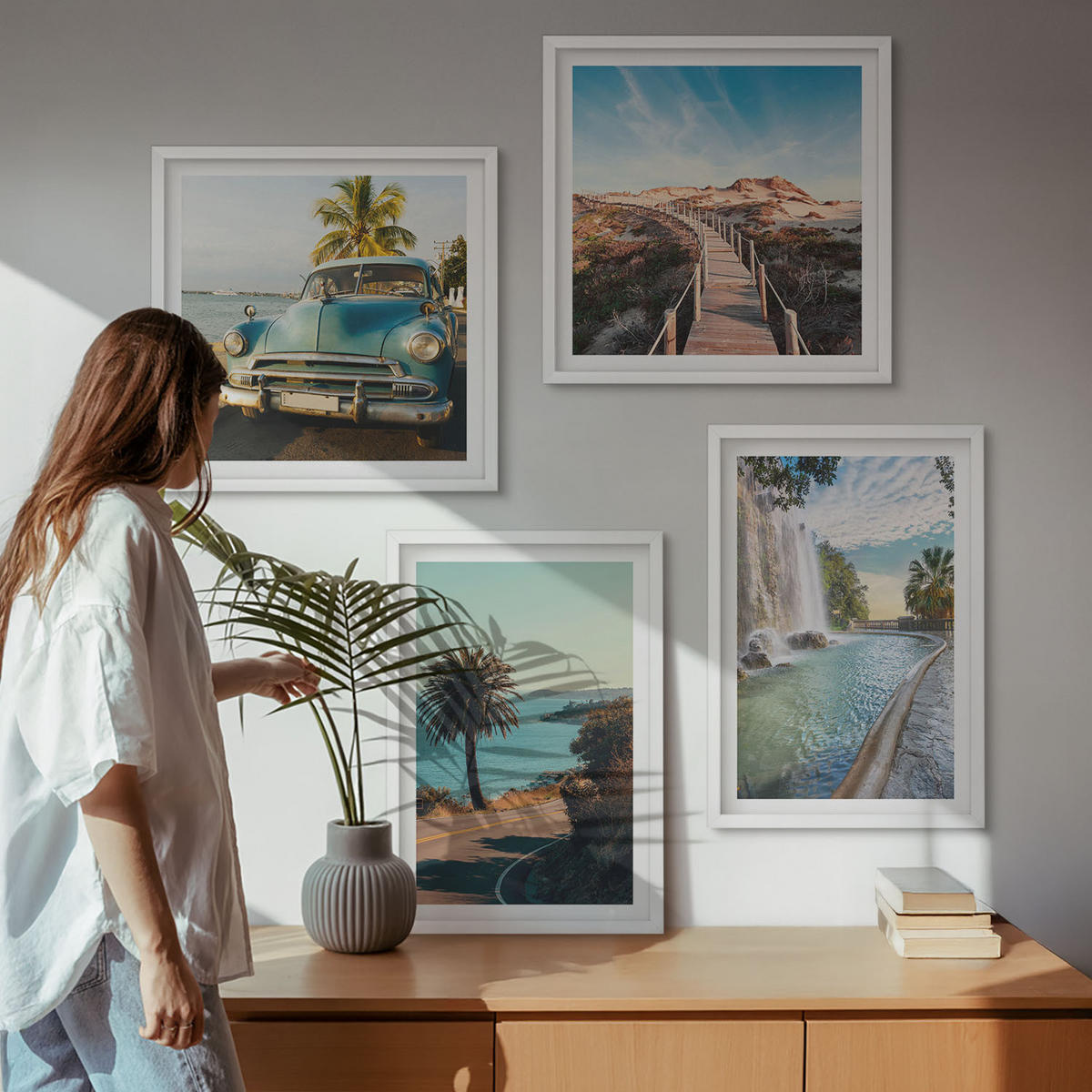 BILDER SET 4er Set - 50x50 cm & 40x60 cm Weißer Rahmen - Urlaub Palmen Wasserfall - Weiß, Kunststoff (50/50cm) - TULUP