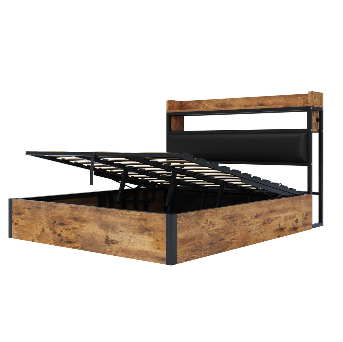 POLSTERBETT aus Metall, Holz und Stoff 180x200 cm Schwarz mit USB-Anschlüssen, hydraulischem Bettkasten und Kopfteilablage - Schwarz, Metall (180/200cm) - Modfu