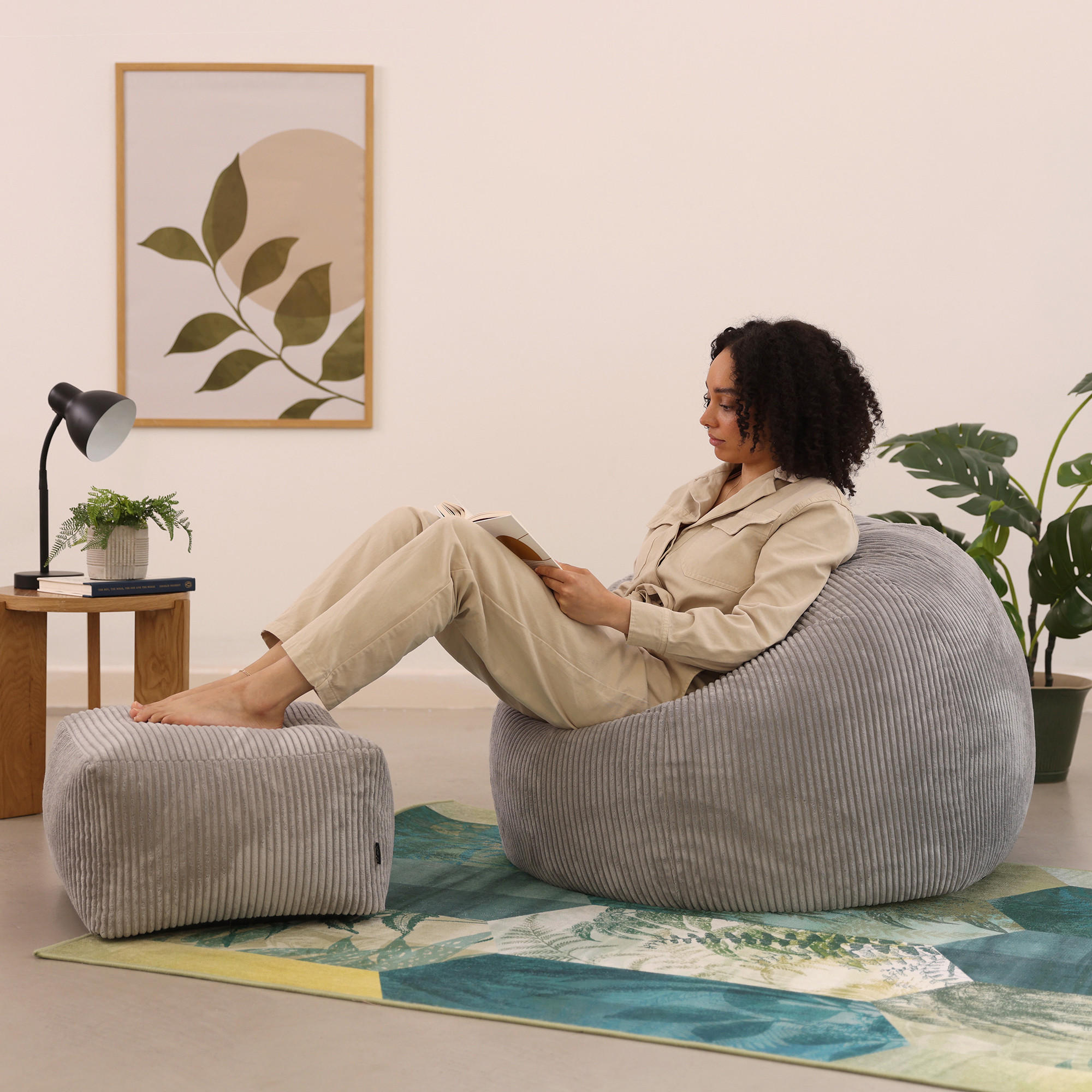 SITZSACK Klassisch + Hocker, Cord - Hellgrau/Grau, Kunststoff/Textil (85/50/85cm) - icon
