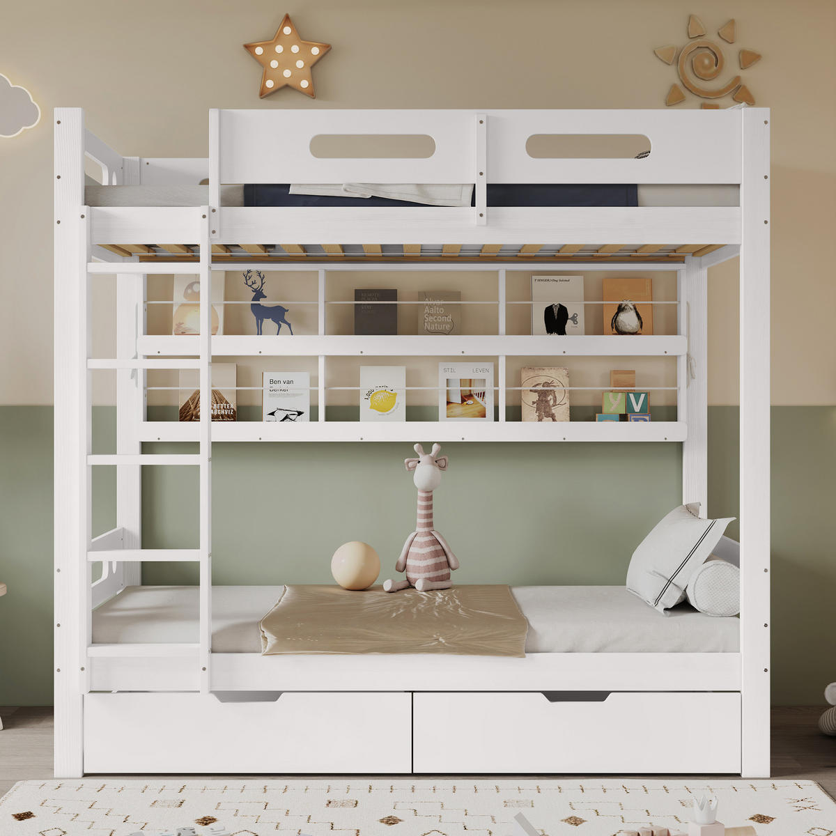 ETAGENBETT aus Kiefernholz und MDF 90x200 cm Weiß/Natur mit Schubladen, Regal und Fallschutzgitter - Weiß, Holzwerkstoff (90/200cm) - IVMEU