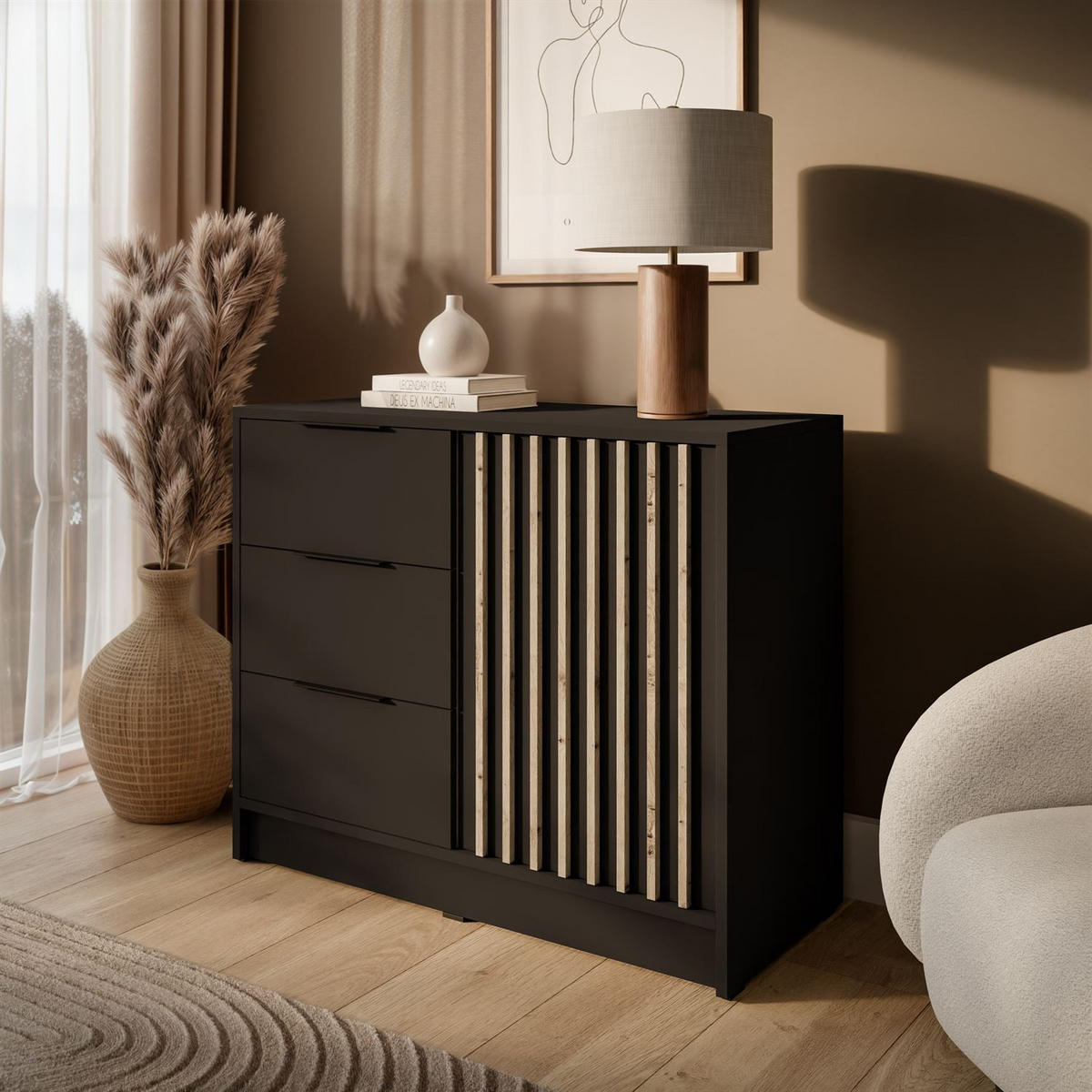 KOMMODE NELA mit Lamellen, Graphit/Artisan - Graphitfarben, Holzwerkstoff (105/86/45cm) - Lookway