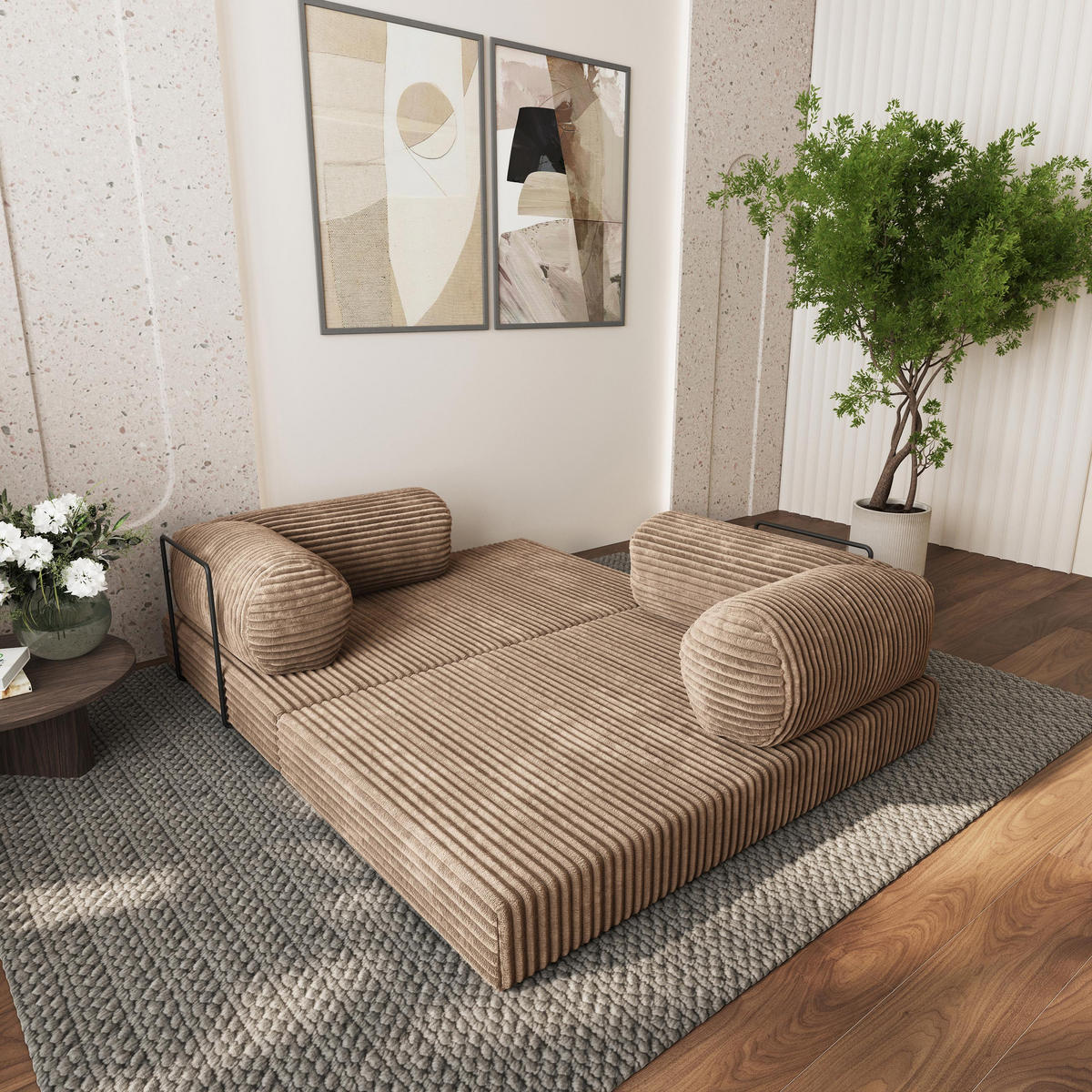 ECKSOFA ETERA modulares Boneless Sofa mit Schlaffunktion Beige Cordstoff - Beige, Textil (270/160cm) - MASSENO