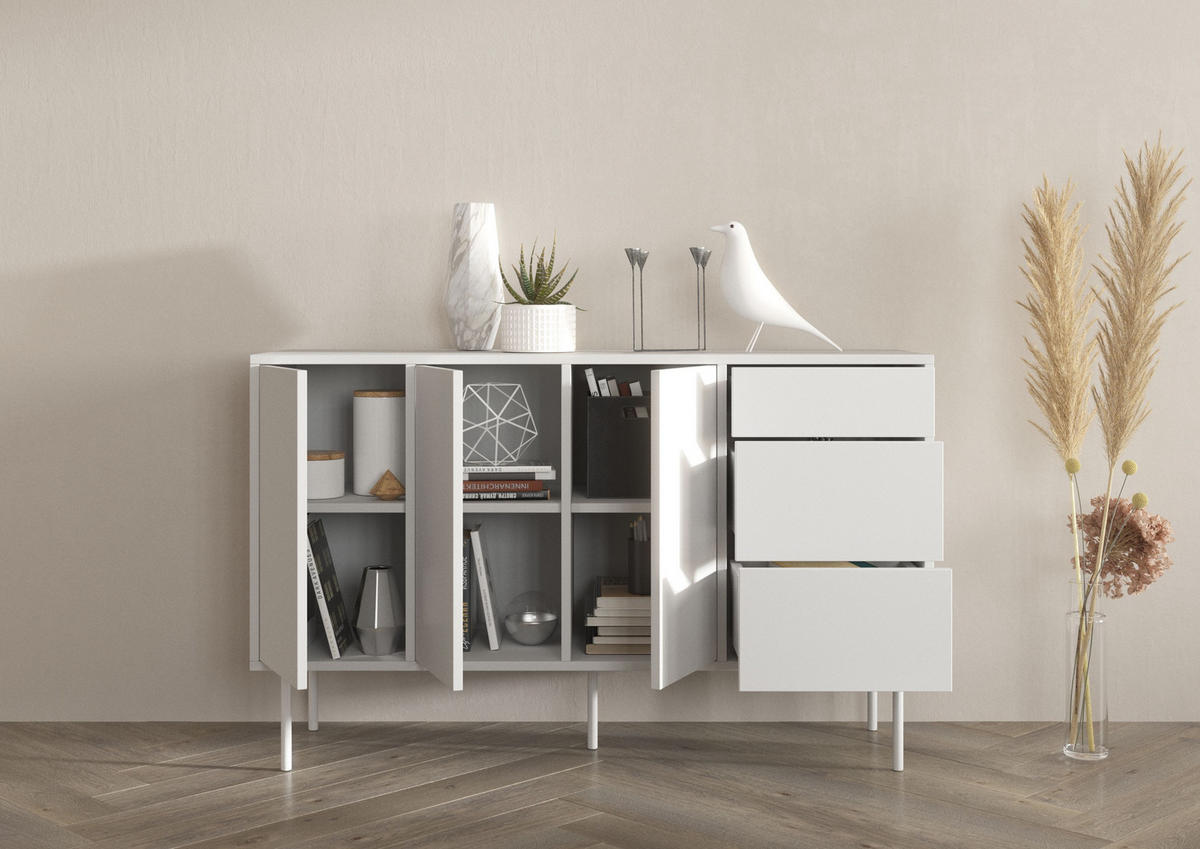SIDEBOARD Mirka, Weiß, Push to Open System, Minimalistisch - Weiß, Holzwerkstoff/Metall (130/80/40cm) - Dancan