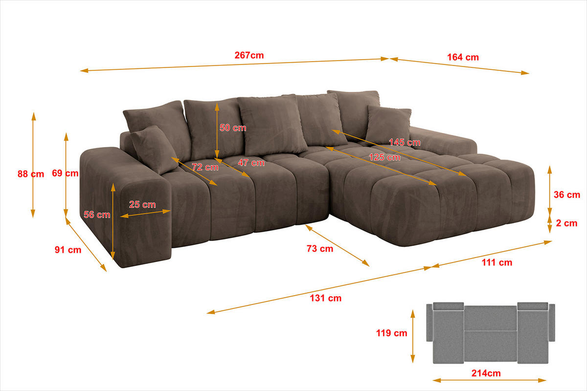 ECKSOFA Ottomane Rechts ENSI-L - 267x164x88 cm Braun - Braun, Holzwerkstoff/Kunststoff (164/267cm) - ALTDECOR