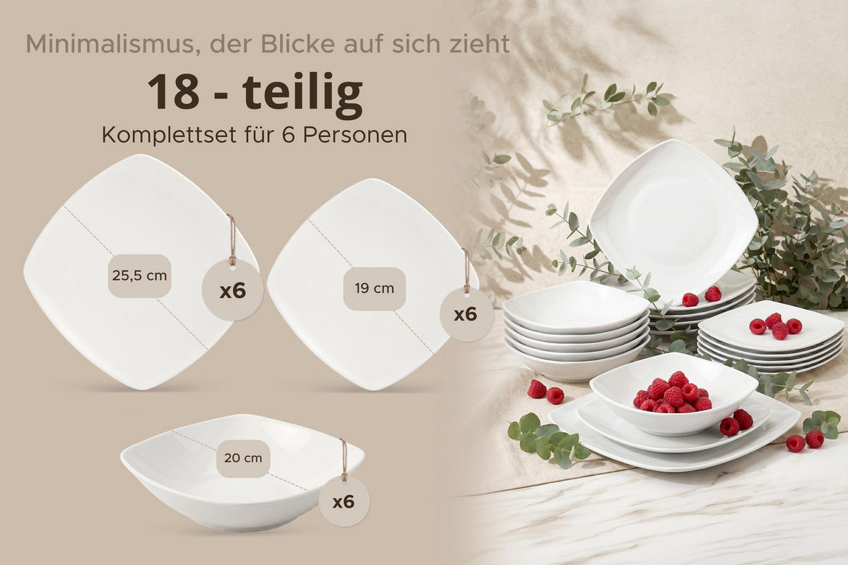 TAFELSERVICE CARLINA 6-Personen 18-tlg - Weiß, Keramik (25.5/2/25.5cm) - KONSIMO®