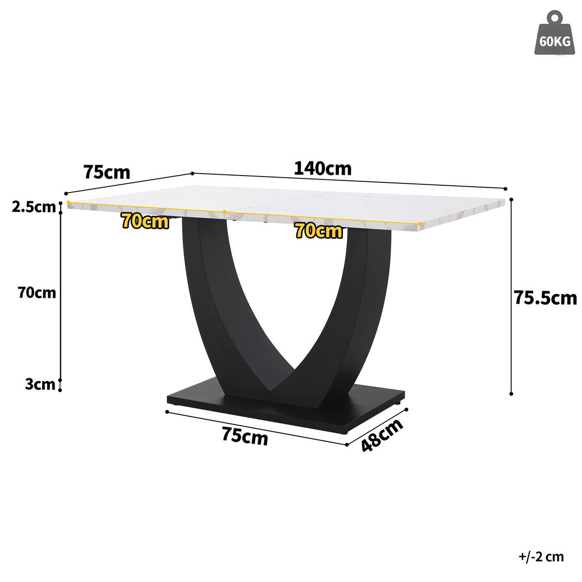 ESSTISCH mit Metallgestell 140/75/75,5 cm in Weiß/Schwarz mit Marmor-Optik - Weiß, Holzwerkstoff (140/75/75.5cm) - BEAOK