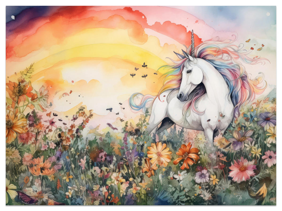FOTOTAPETE für Kinderzimmer Einhorn Blumen Wiese Regenbogen Magisch Rosa 350x256 - Gelb/Rot, Papier (350/256cm) - Muralo