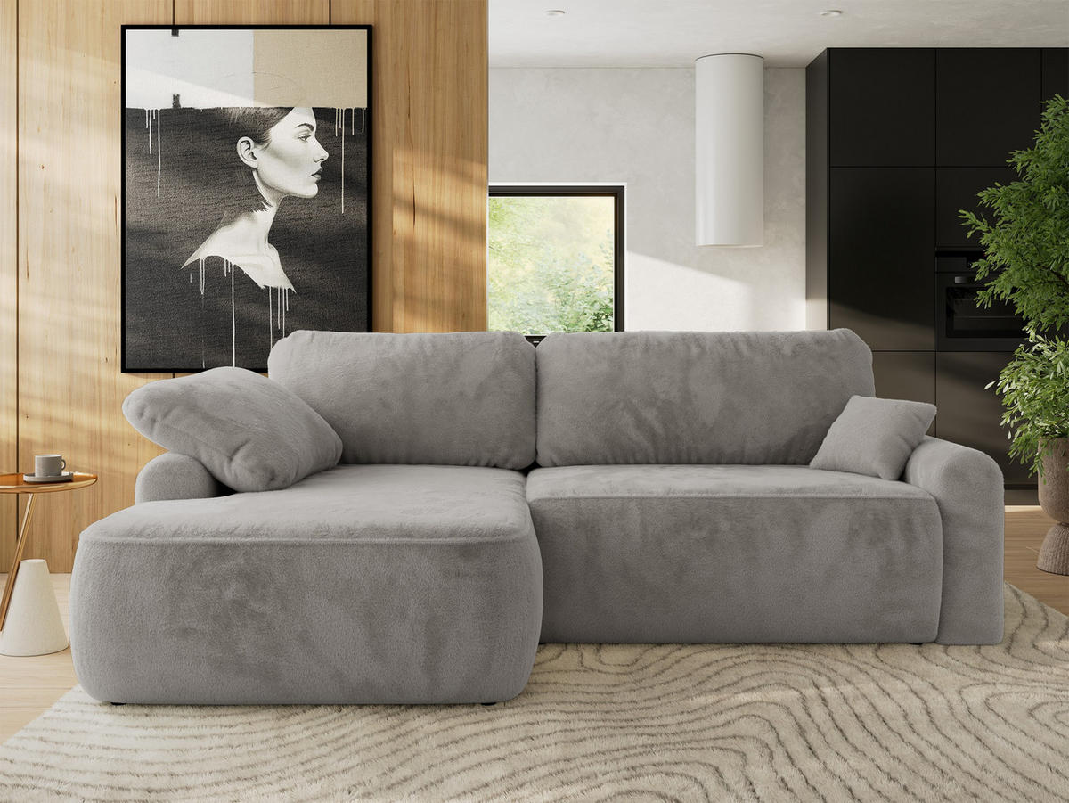 ECKSCHLAFSOFA CUBO L Hellgrau Plüsch - links - Hellgrau/Schwarz, Kunststoff/Textil (273/187cm) - MKS