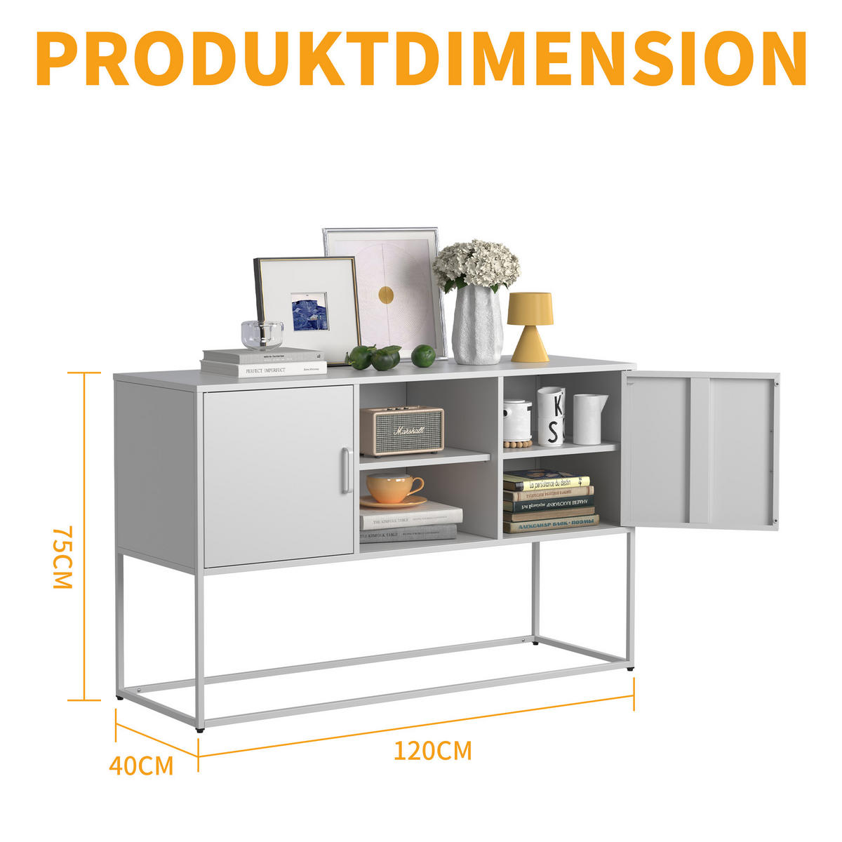 SIDEBOARD 120/40/75 cm weiß aus Metall mit 6 Fächern - Weiß, Metall (120/75/40cm) - OKWISH