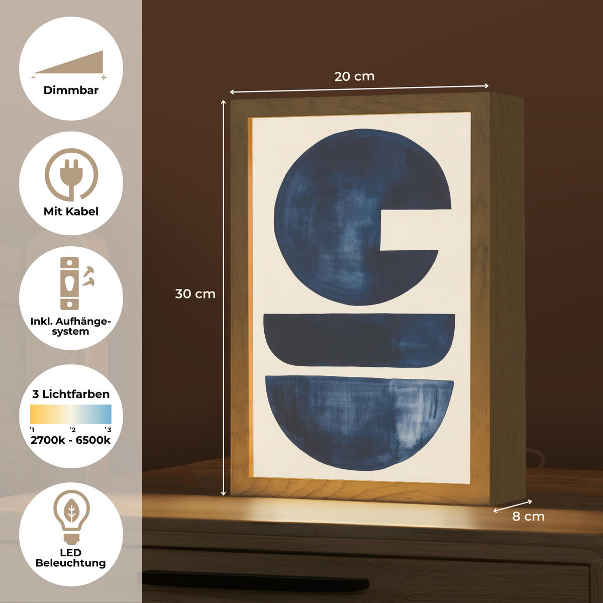 WANDLEUCHTE Formen - Blau - Abstrakt 20x30 cm - Dunkelblau, Holzwerkstoff (20/30/8cm) - OnlyWow