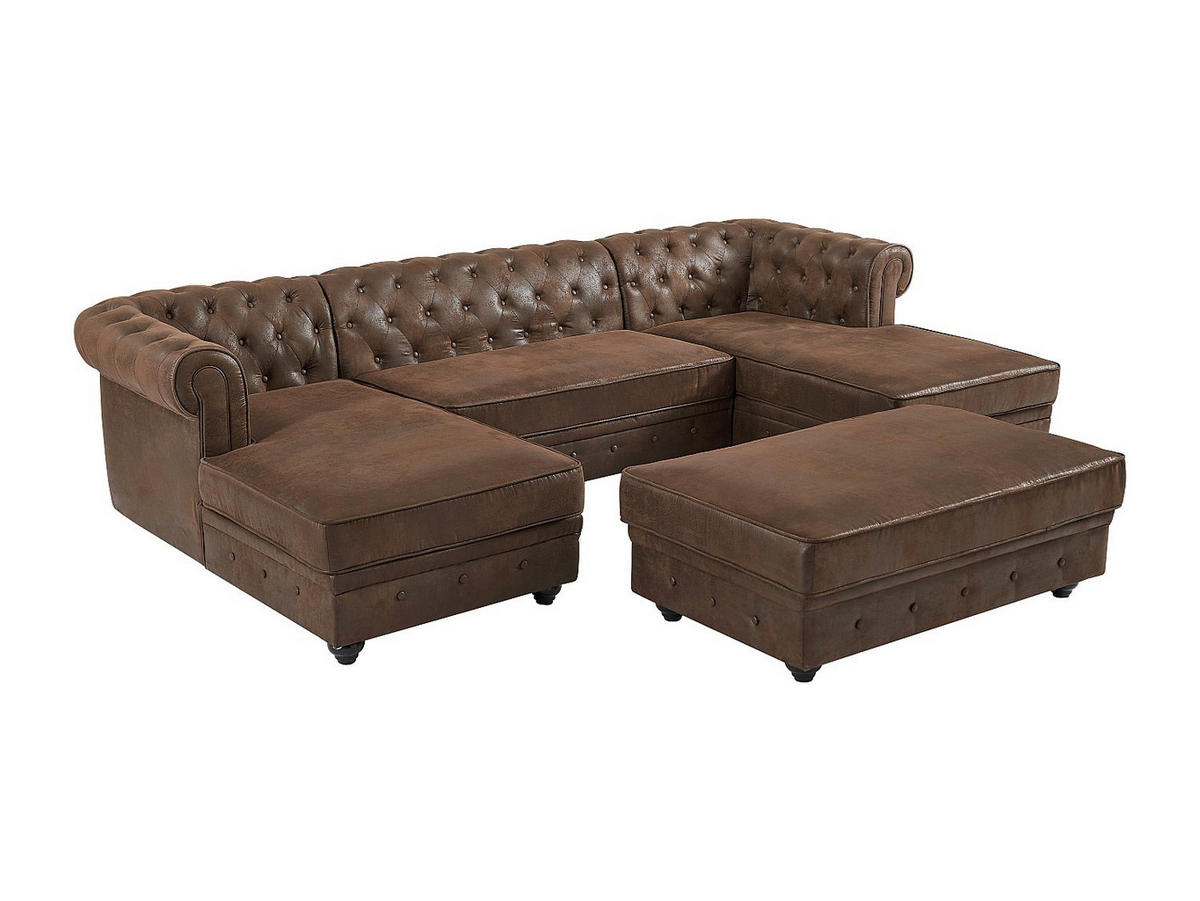 WOHNLANDSCHAFT & Hocker - Mikrofaser - Vintage-Leder-Optik - CHESTERFIELD - Braun, Textil (290/163cm) - Vente-Unique