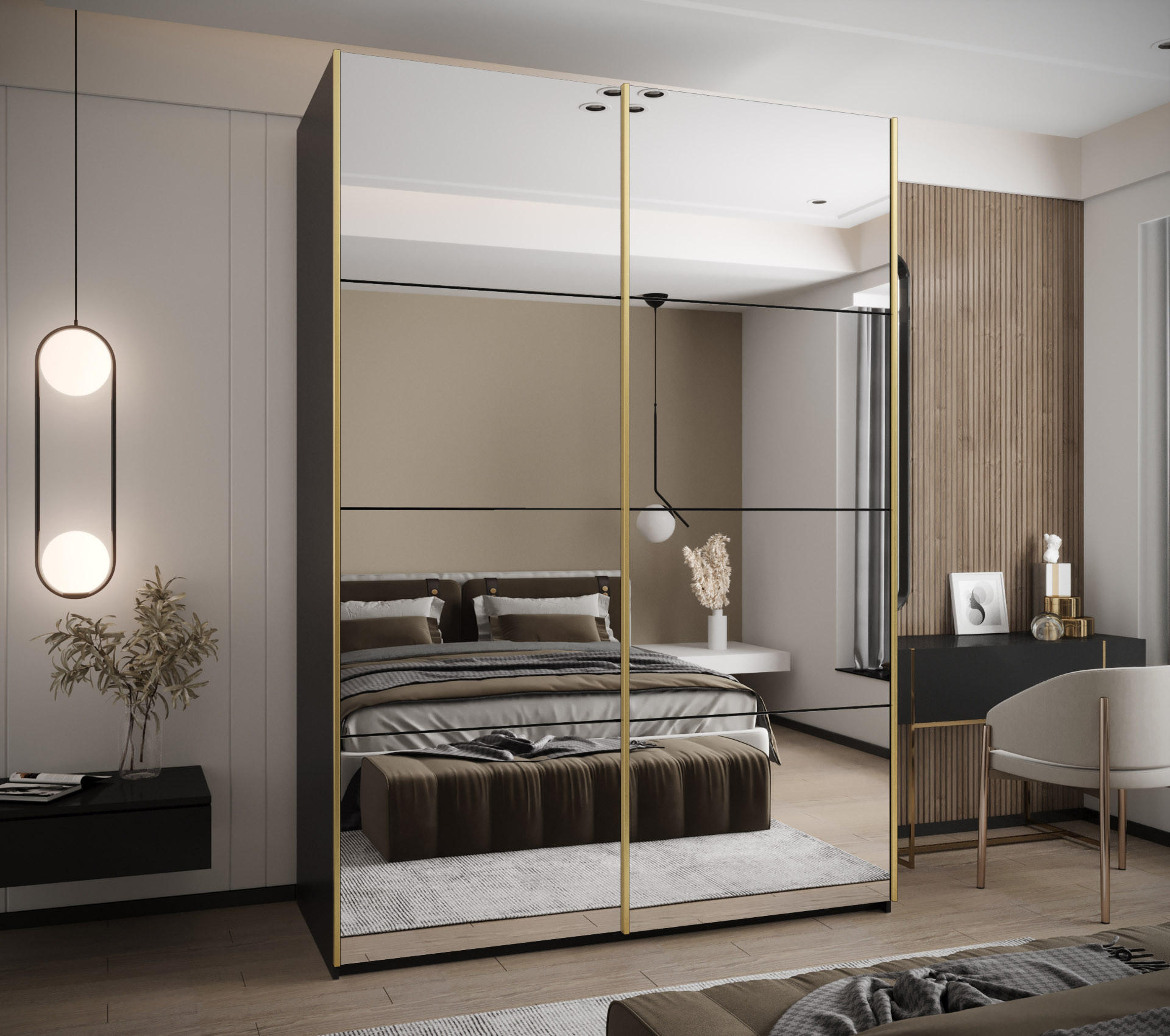 SCHWEBETÜRENSCHRANK 245,5/180/64 2-türig - Goldfarben/Schwarz, Holz/Metall (180/245/64cm) - Abiks Möbel