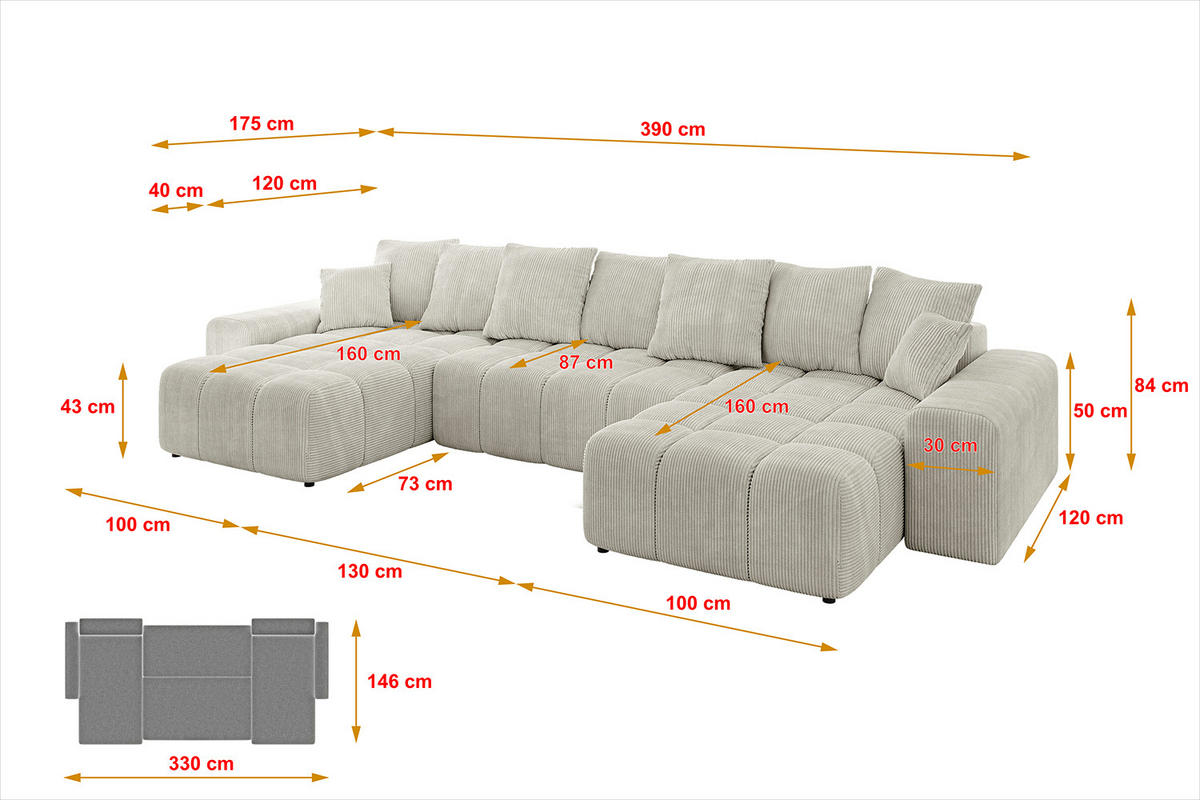 WOHNLANDSCHAFT ENIL-U 390x175x84 Hellgrau Cord - Hellgrau, Holzwerkstoff/Kunststoff (390/84/175cm) - ALTDECOR