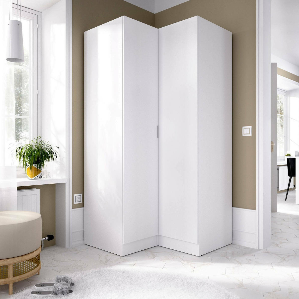 ECKKLEIDERSCHRANK Holz-Effekt Weiß 92.5x90.5h184 - Weiß, Holzwerkstoff (90.5/184/92.5cm) - DMORA