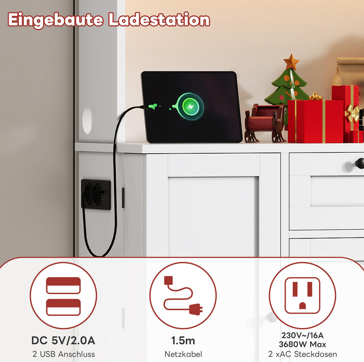 BUFFET 105/180/40 cm Weiß aus MDF mit LED-Beleuchtung - Weiß, Holzwerkstoff (40/180/105cm) - OKMYHOME